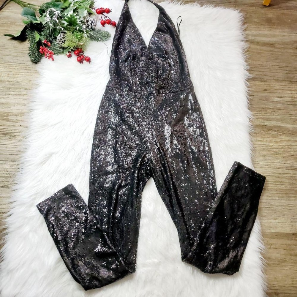 Fashion Nova For The Thrill Sequin Jumpsuit Black
